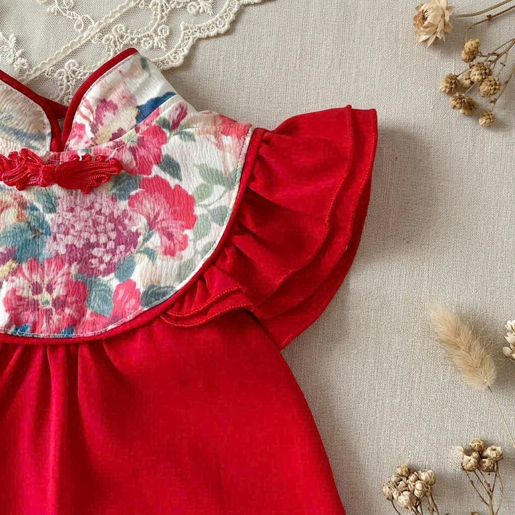Cheongsam Romper – Red Peacock Newborn–2Years | Traditional Baby Romper for Lunar New Year & Tết | Chinese Baby Outfit