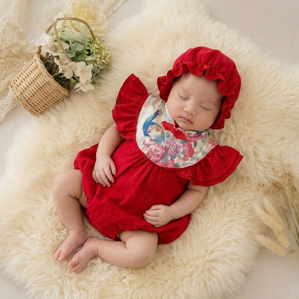 Cheongsam Romper – Red Peacock Newborn–2Years | Traditional Baby Romper for Lunar New Year & Tết | Chinese Baby Outfit