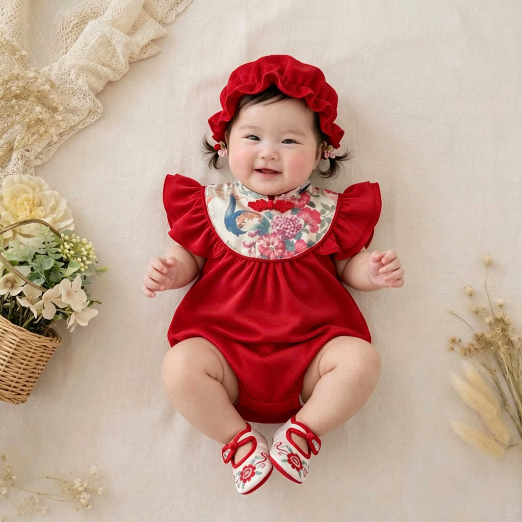 Cheongsam Romper – Red Peacock Newborn–2Years | Traditional Baby Romper for Lunar New Year & Tết | Chinese Baby Outfit