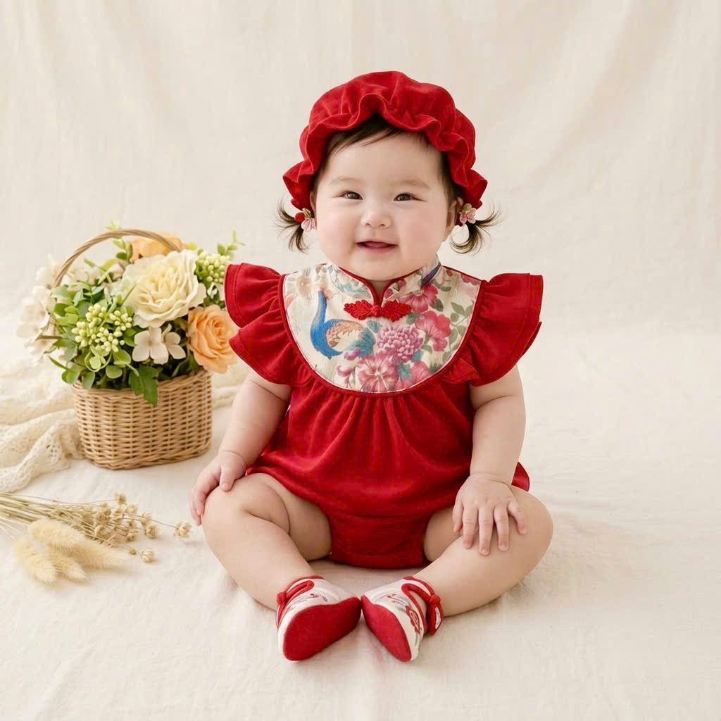 Cheongsam Romper – Red Peacock Newborn–2Years | Traditional Baby Romper for Lunar New Year & Tết | Chinese Baby Outfit