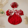 Cheongsam Romper – Floral Red Newborn–2 Years | Traditional Baby Romper with Matching Bonnet | Lunar New Year & Tết Outfit