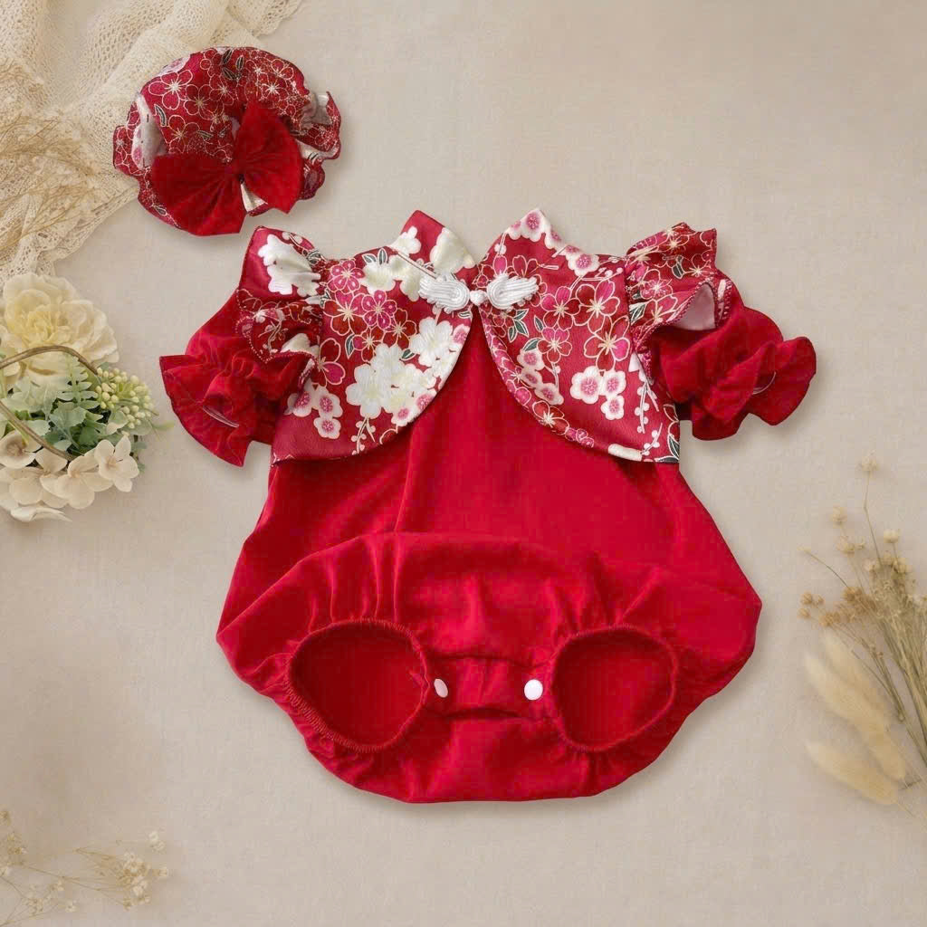 Cheongsam Romper – Floral Red Newborn–2 Years | Traditional Baby Romper with Matching Bonnet | Lunar New Year & Tết Outfit