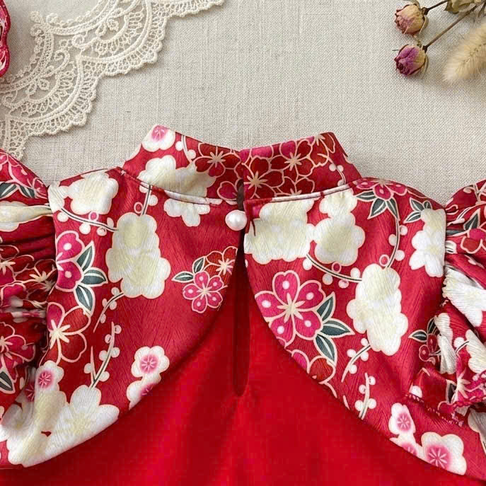 Cheongsam Romper – Floral Red Newborn–2 Years | Traditional Baby Romper with Matching Bonnet | Lunar New Year & Tết Outfit