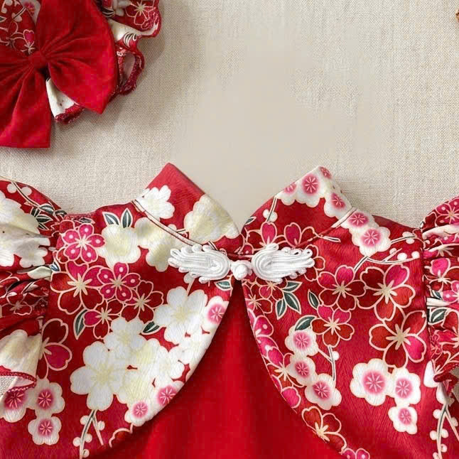 Cheongsam Romper – Floral Red Newborn–2 Years | Traditional Baby Romper with Matching Bonnet | Lunar New Year & Tết Outfit