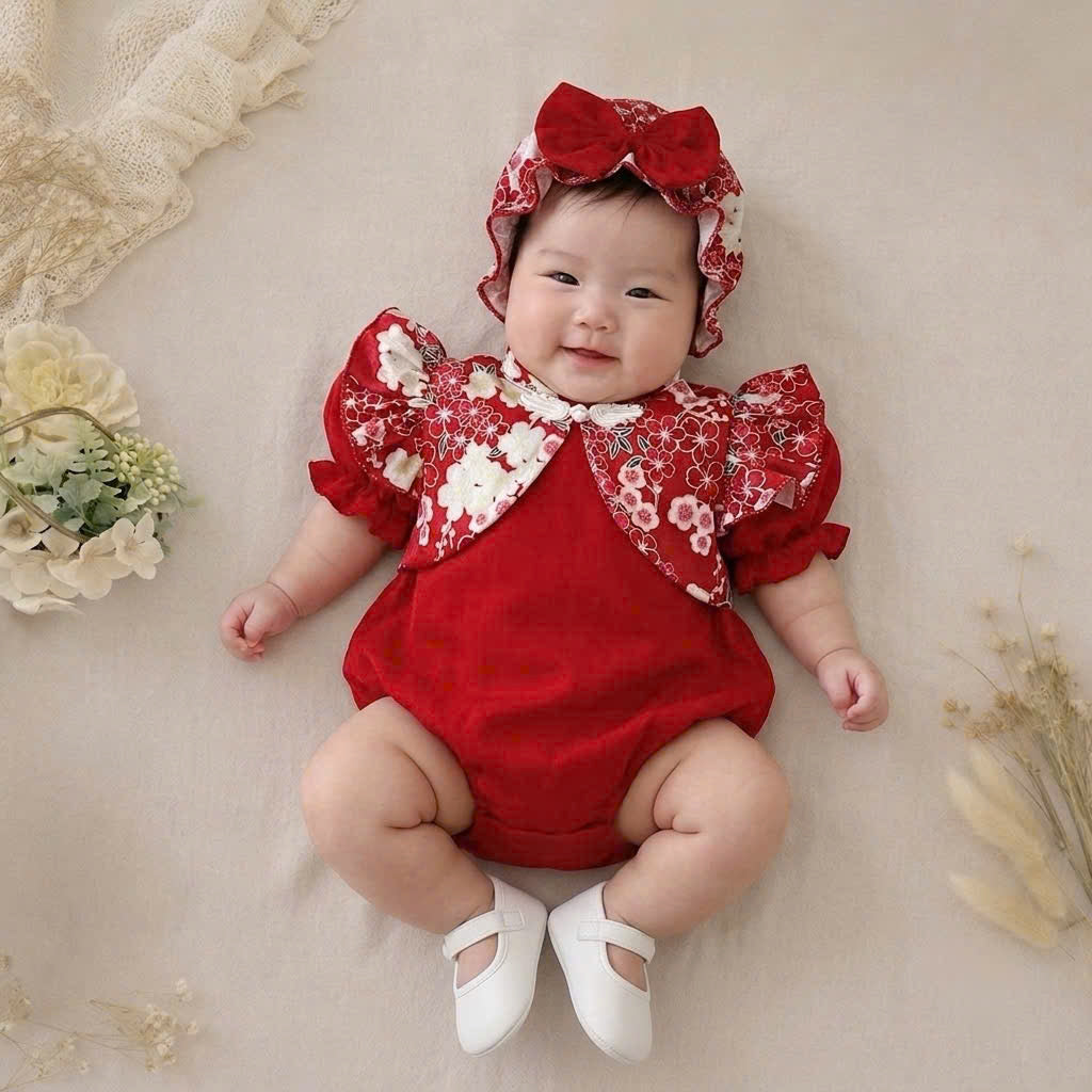 Cheongsam Romper – Floral Red Newborn–2 Years | Traditional Baby Romper with Matching Bonnet | Lunar New Year & Tết Outfit
