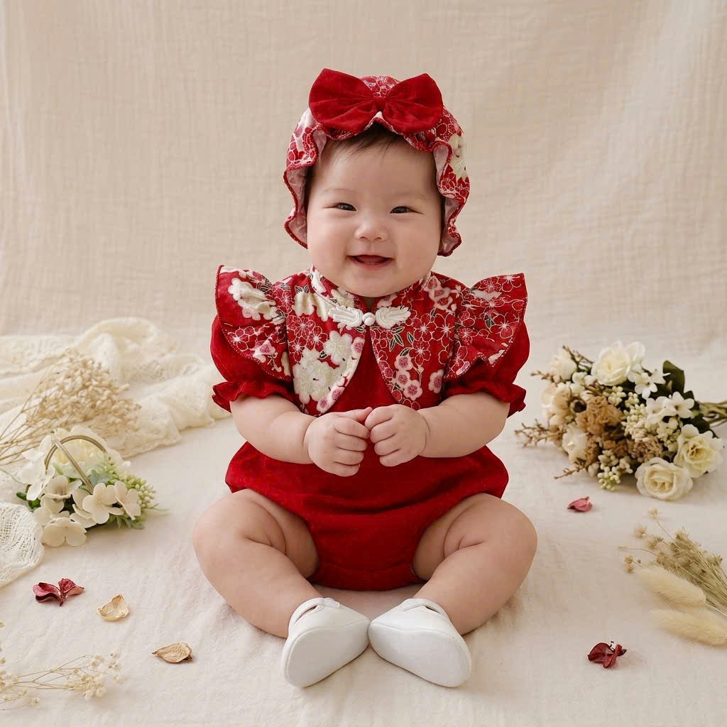 Cheongsam Romper – Floral Red Newborn–2 Years | Traditional Baby Romper with Matching Bonnet | Lunar New Year & Tết Outfit