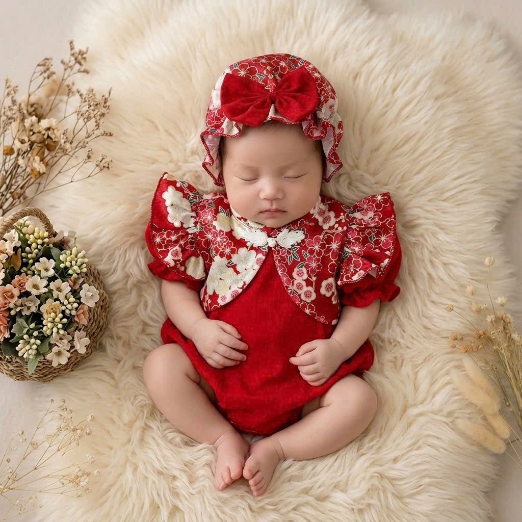 Cheongsam Romper – Floral Red Newborn–2 Years | Traditional Baby Romper with Matching Bonnet | Lunar New Year & Tết Outfit