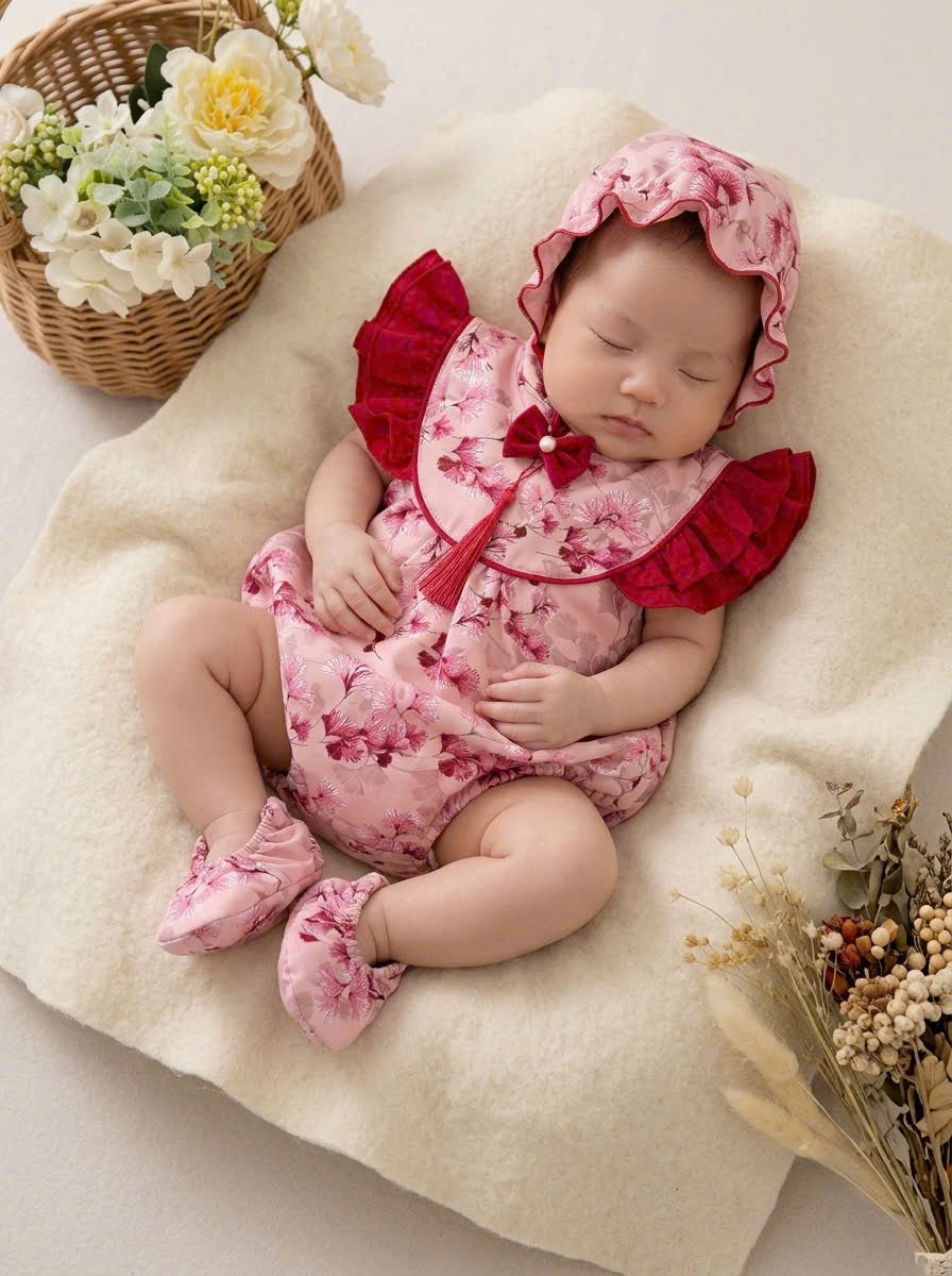 Cheongsam Romper – Blossom Charm Newborn–2Years | Floral Baby Romper with Matching Bonnet & Baby Shoes | Lunar New Year Outfit