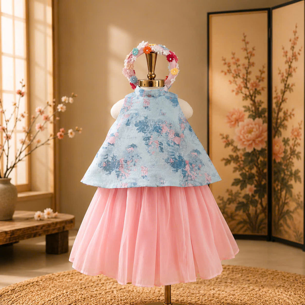 Vietnamese Yếm Halter Top & Skirt Set – Blue Blossom Elegance (1–6 Years) | Traditional Festival Outfit for Girls | Matching Floral Soft Mấn Included