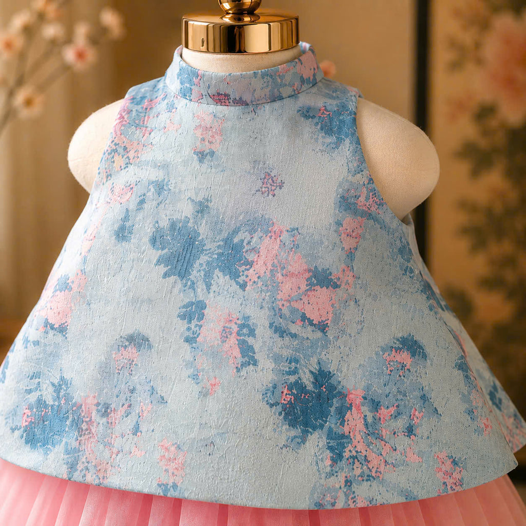 Vietnamese Yếm Halter Top & Skirt Set – Blue Blossom Elegance (1–6 Years) | Traditional Festival Outfit for Girls | Matching Floral Soft Mấn Included