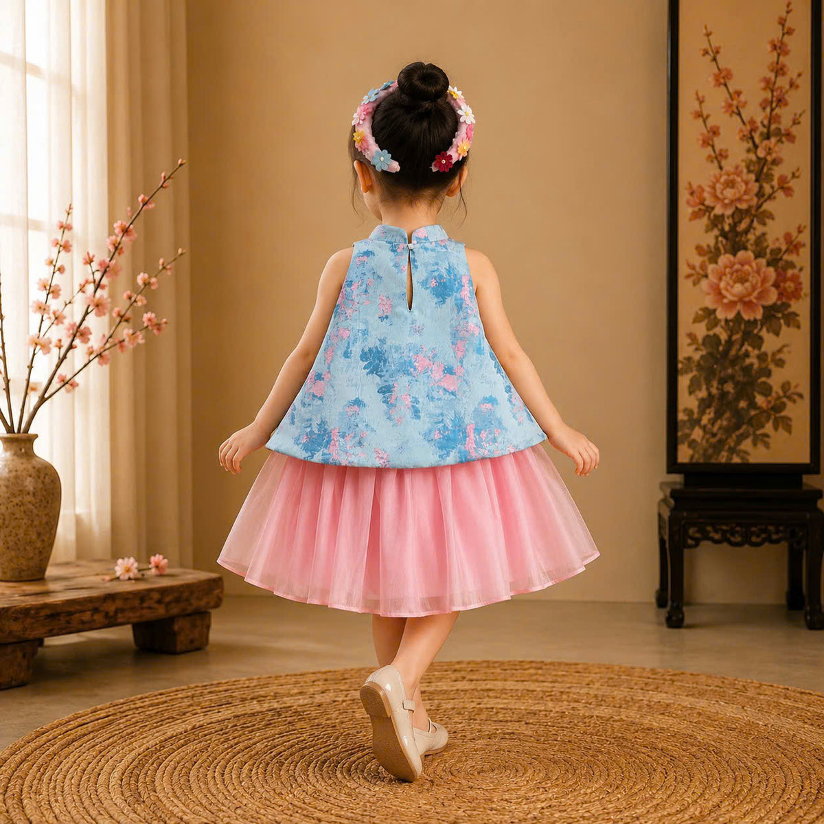 Vietnamese Yếm Halter Top & Skirt Set – Blue Blossom Elegance (1–6 Years) | Traditional Festival Outfit for Girls | Matching Floral Soft Mấn Included