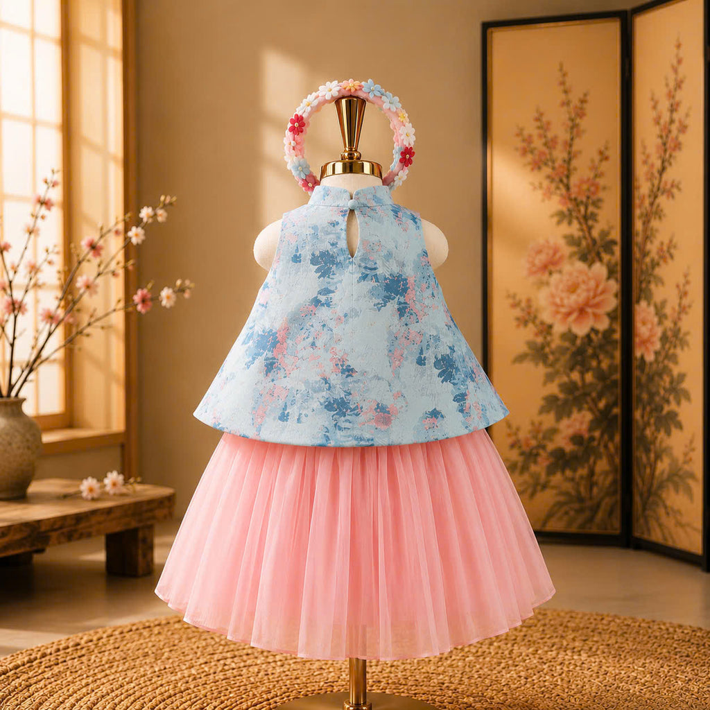 Vietnamese Yếm Halter Top & Skirt Set – Blue Blossom Elegance (1–6 Years) | Traditional Festival Outfit for Girls | Matching Floral Soft Mấn Included