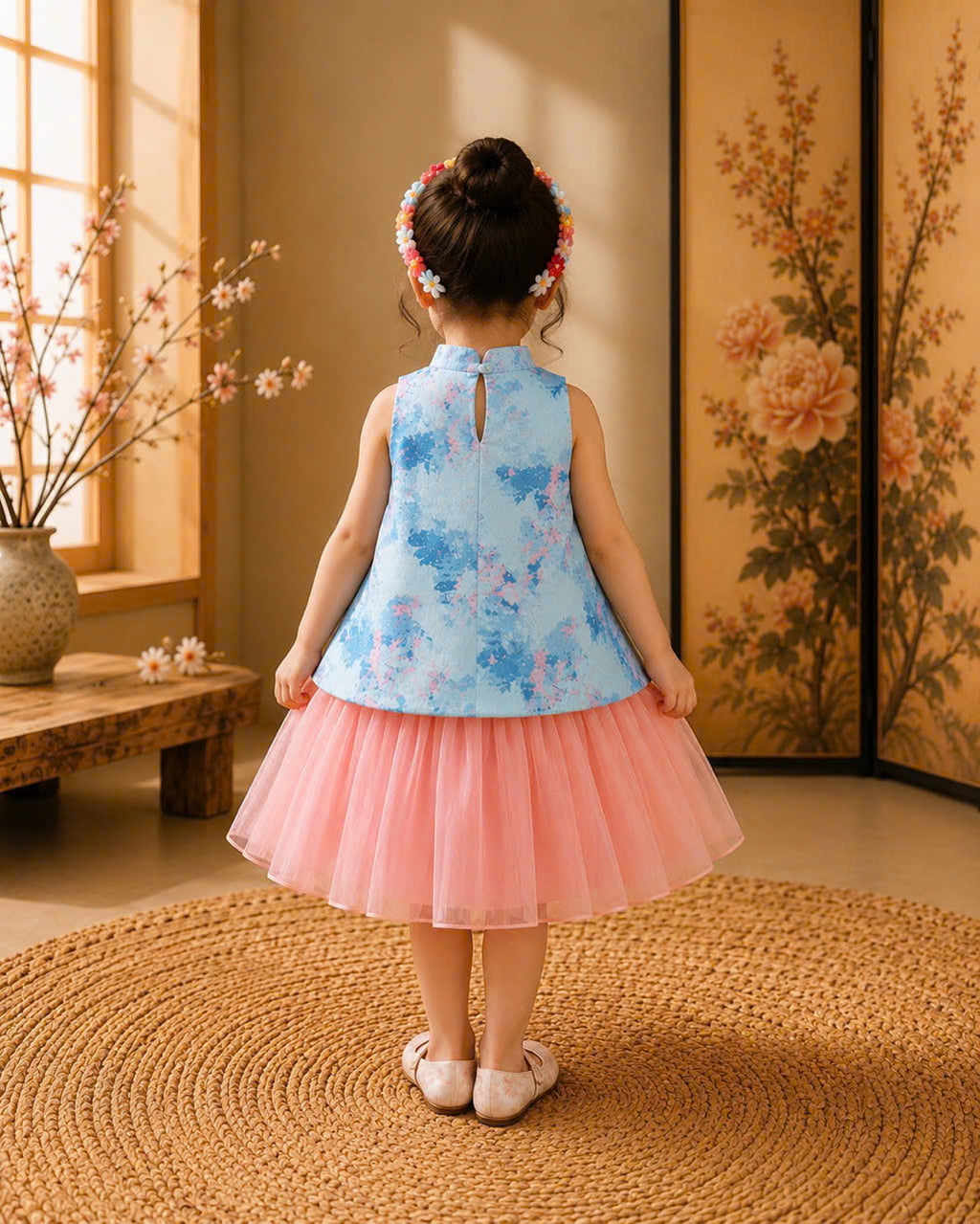 Vietnamese Yếm Halter Top & Skirt Set – Blue Blossom Elegance (1–6 Years) | Traditional Festival Outfit for Girls | Matching Floral Soft Mấn Included