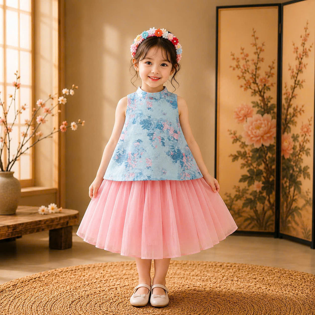 Vietnamese Yếm Halter Top & Skirt Set – Blue Blossom Elegance (1–6 Years) | Traditional Festival Outfit for Girls | Matching Floral Soft Mấn Included