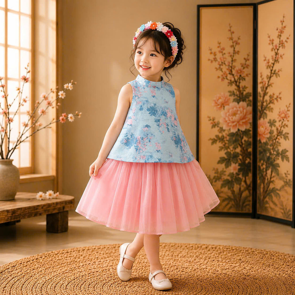 Vietnamese Yếm Halter Top & Skirt Set – Blue Blossom Elegance (1–6 Years) | Traditional Festival Outfit for Girls | Matching Floral Soft Mấn Included