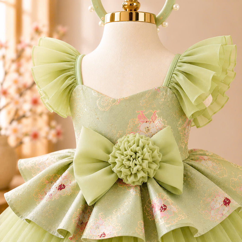 Vietnamese Cách Tân Dress – Green Bow Layer (1–6 Years) | Traditional Festival Dress for Girls | Matching Headband included