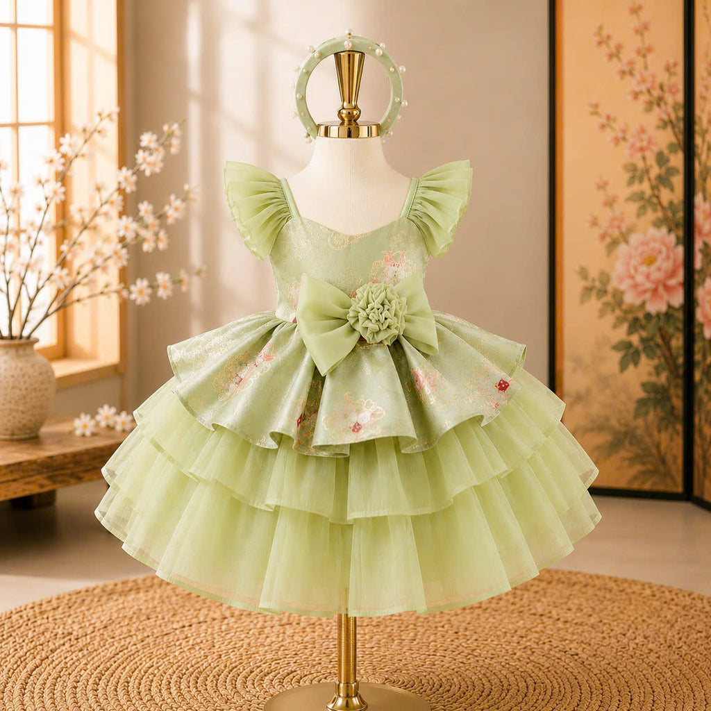 Vietnamese Cách Tân Dress – Green Bow Layer (1–6 Years) | Traditional Festival Dress for Girls | Matching Headband included