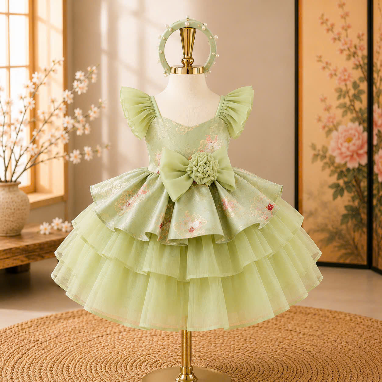 Vietnamese Cách Tân Dress – Green Bow Layer (1–6 Years) | Traditional Festival Dress for Girls | Matching Headband included