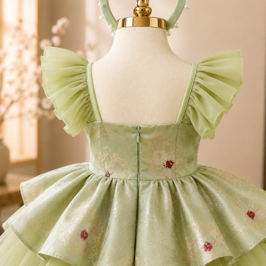 Vietnamese Cách Tân Dress – Green Bow Layer (1–6 Years) | Traditional Festival Dress for Girls | Matching Headband included