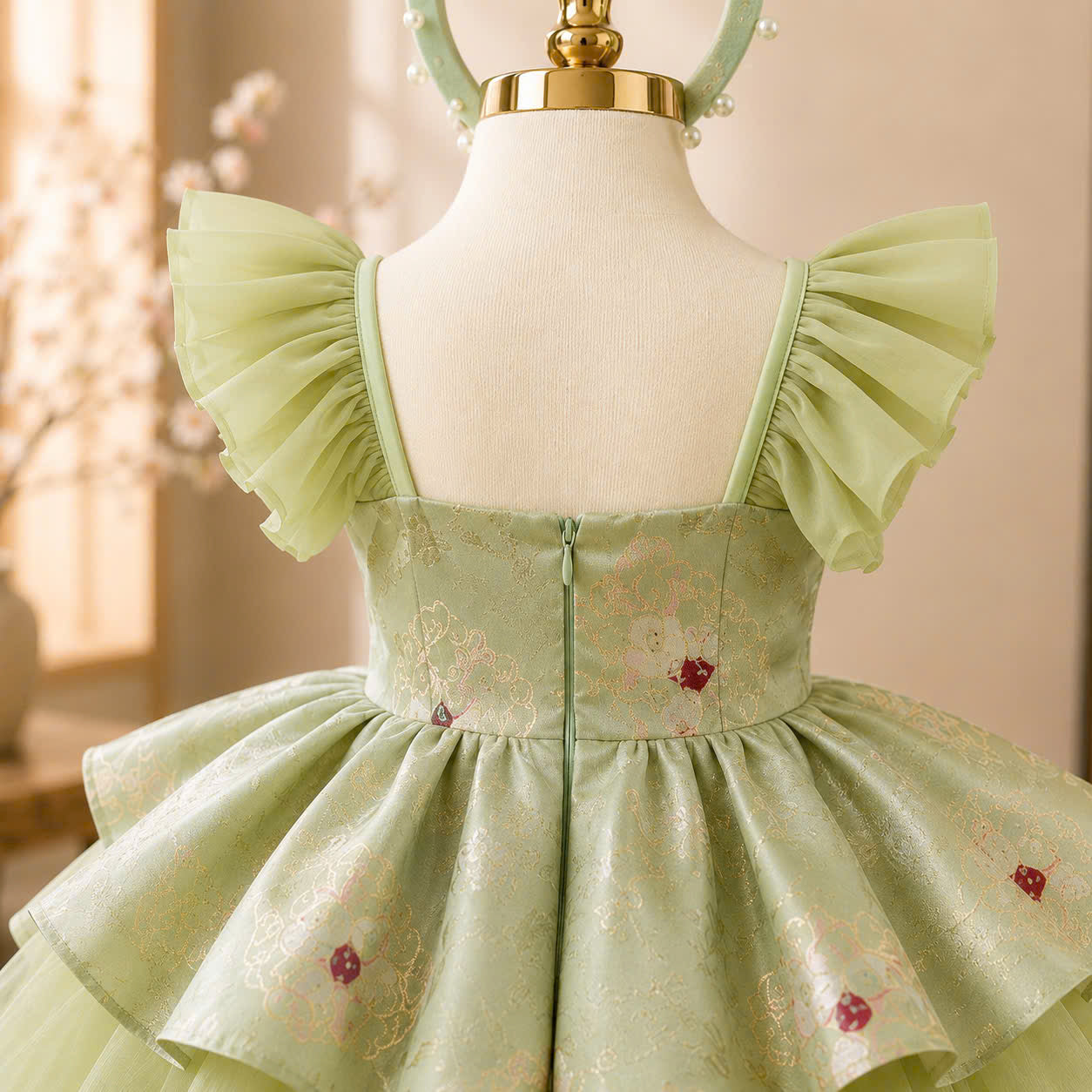Vietnamese Cách Tân Dress – Green Bow Layer (1–6 Years) | Traditional Festival Dress for Girls | Matching Headband included