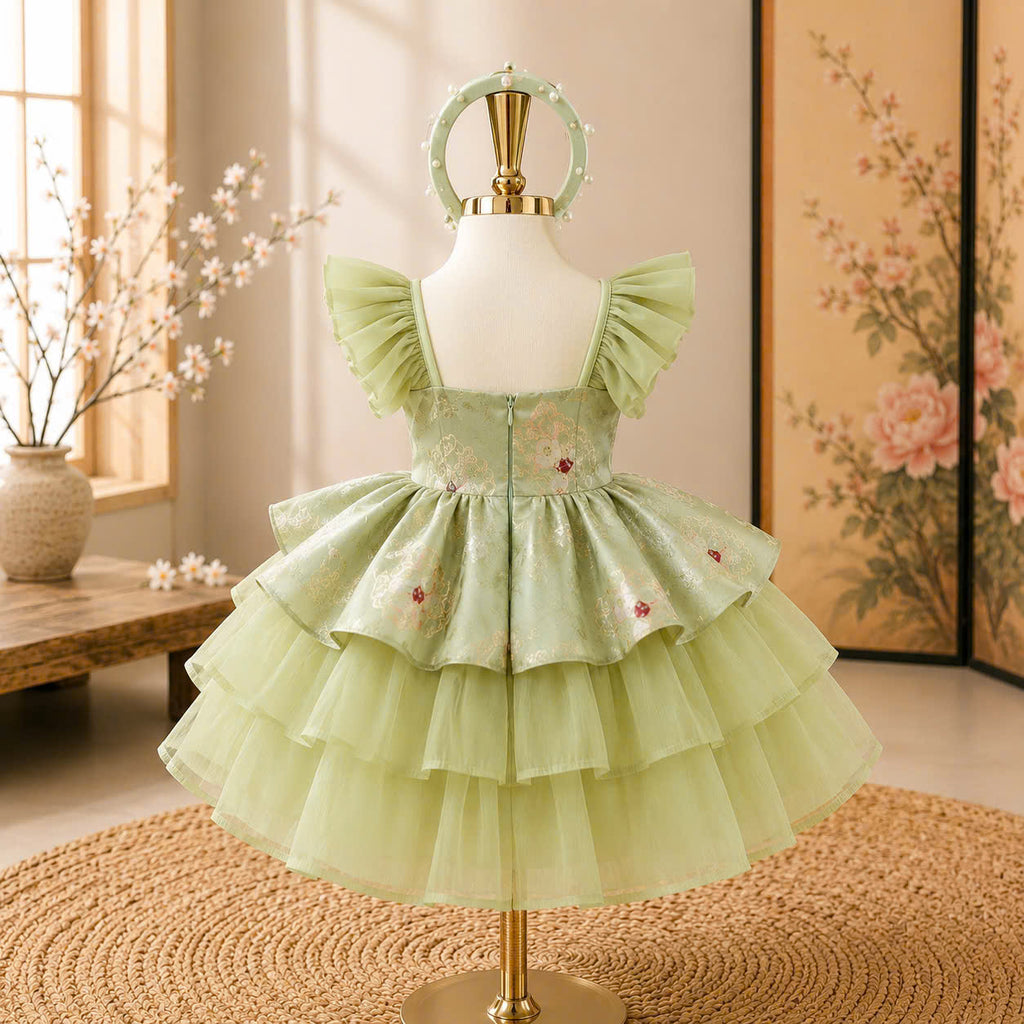 Vietnamese Cách Tân Dress – Green Bow Layer (1–6 Years) | Traditional Festival Dress for Girls | Matching Headband included