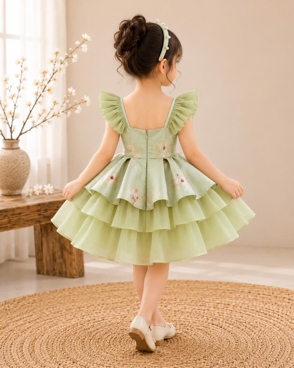 Vietnamese Cách Tân Dress – Green Bow Layer (1–6 Years) | Traditional Festival Dress for Girls | Matching Headband included