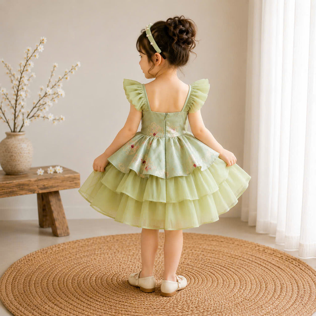 Vietnamese Cách Tân Dress – Green Bow Layer (1–6 Years) | Traditional Festival Dress for Girls | Matching Headband included