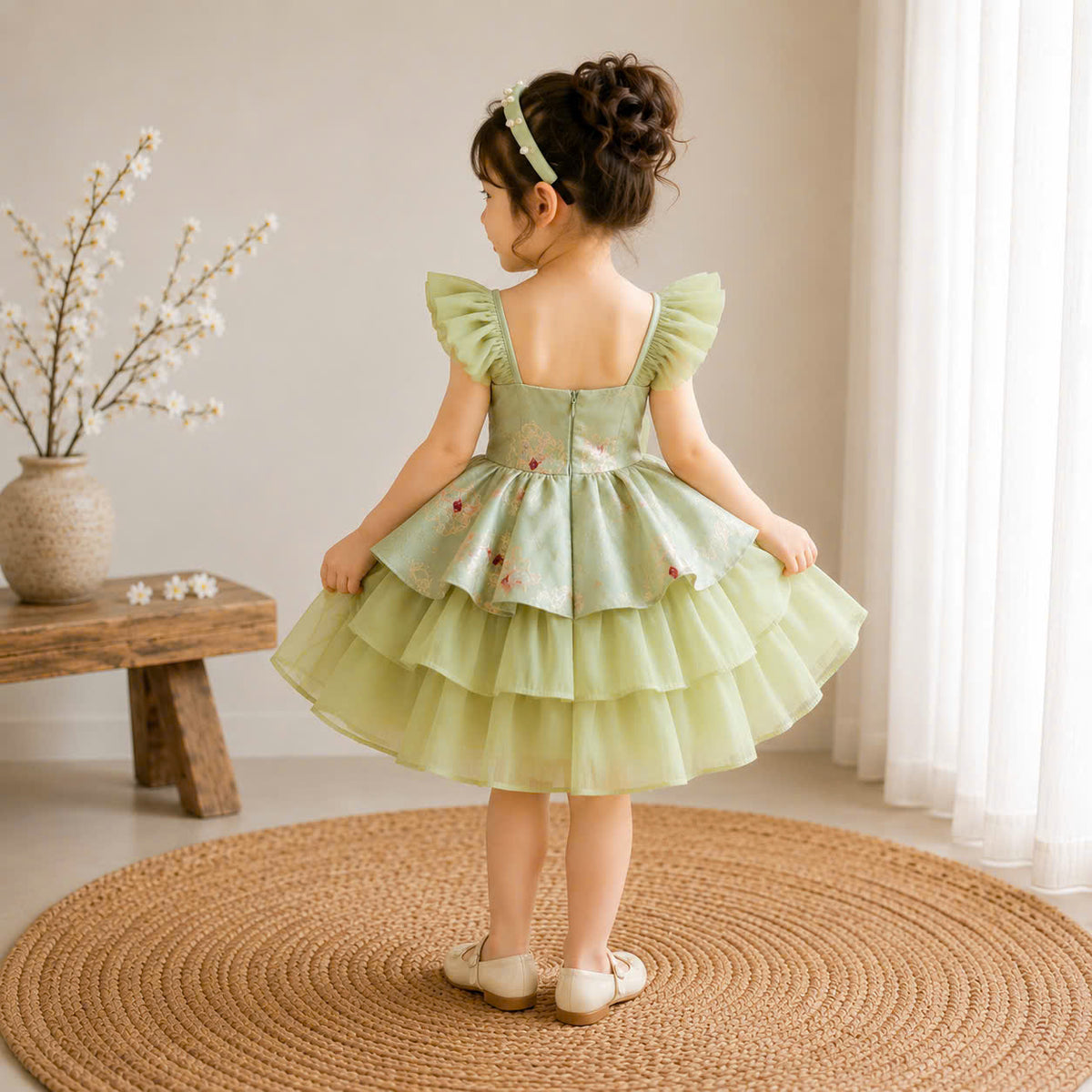 Vietnamese Cách Tân Dress – Green Bow Layer (1–6 Years) | Traditional Festival Dress for Girls | Matching Headband included