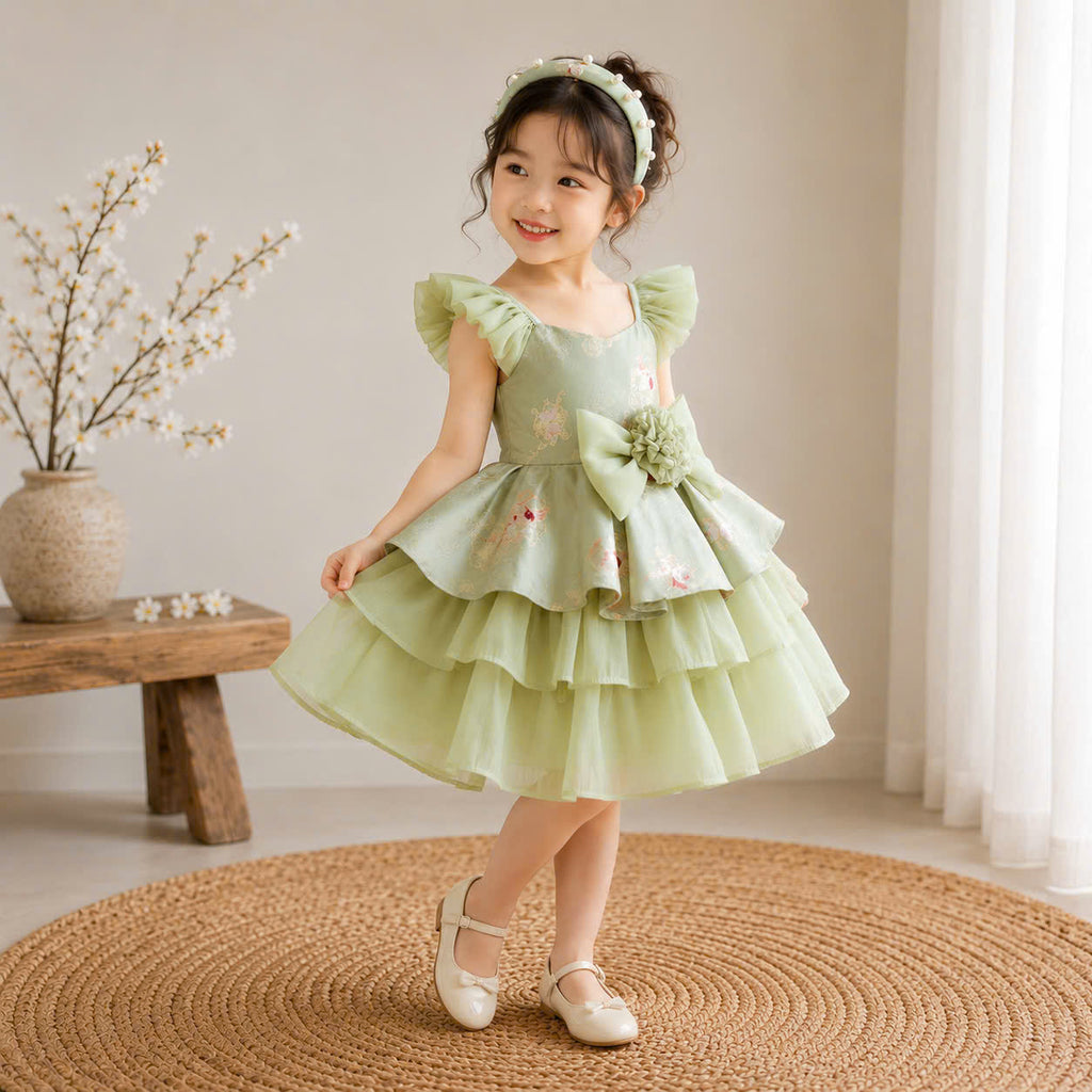 Vietnamese Cách Tân Dress – Green Bow Layer (1–6 Years) | Traditional Festival Dress for Girls | Matching Headband included