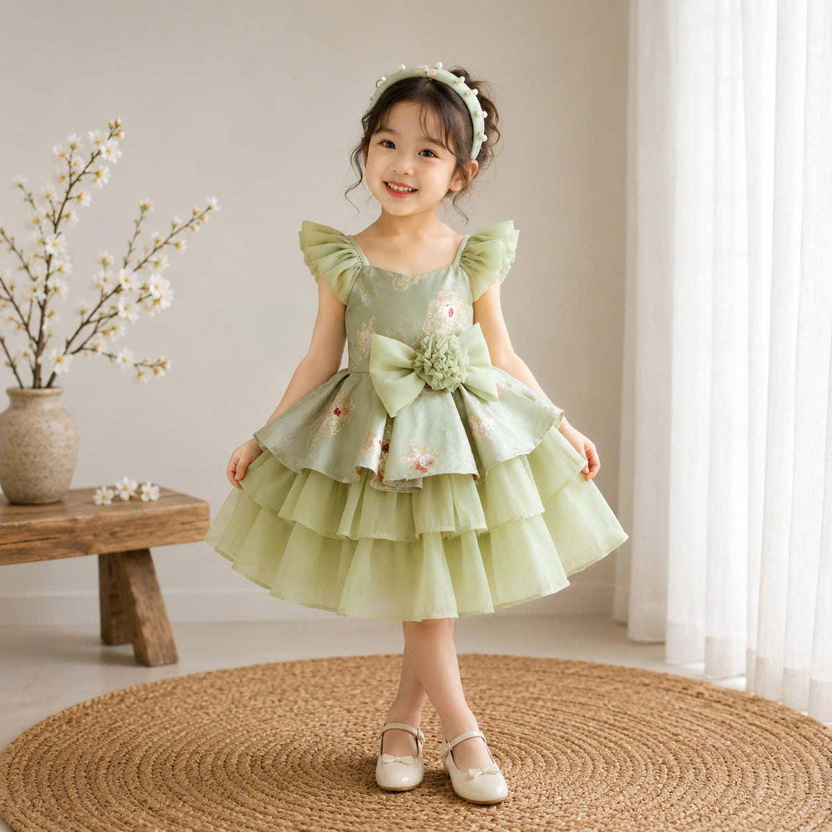 Vietnamese Cách Tân Dress – Green Bow Layer (1–6 Years) | Traditional Festival Dress for Girls | Matching Headband included