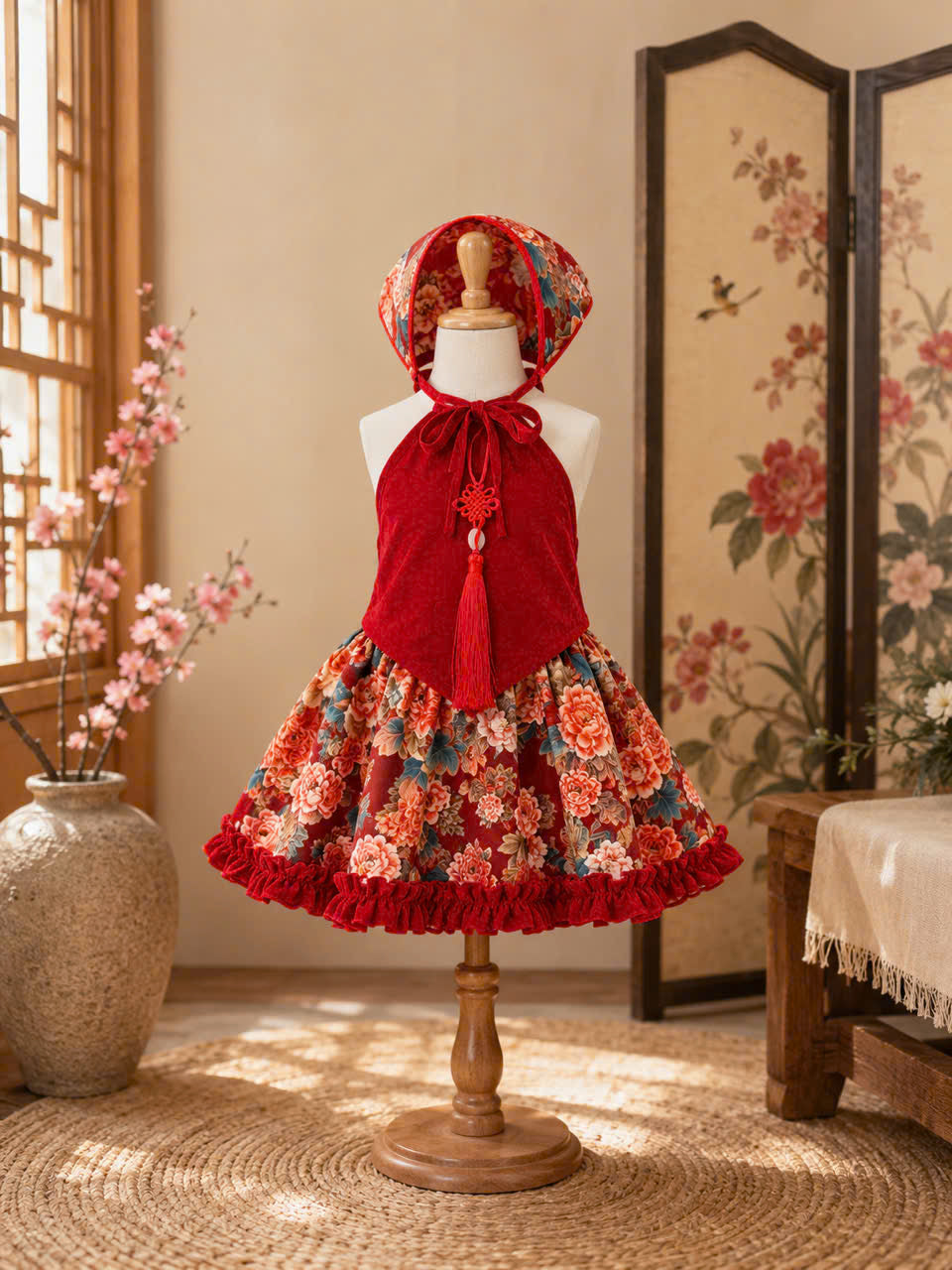 Halter Style Skirt Set – Blossom Heritage 3Months–3 Years | Traditional Silk Yếm Dress Set with Matching Head Scarf | Lunar New Year & Tết Outfit