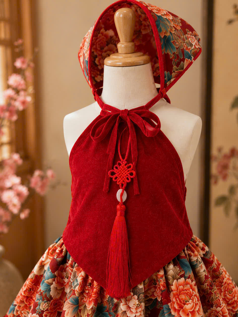 Halter Style Skirt Set – Blossom Heritage 3Months–3 Years | Traditional Silk Yếm Dress Set with Matching Head Scarf | Lunar New Year & Tết Outfit