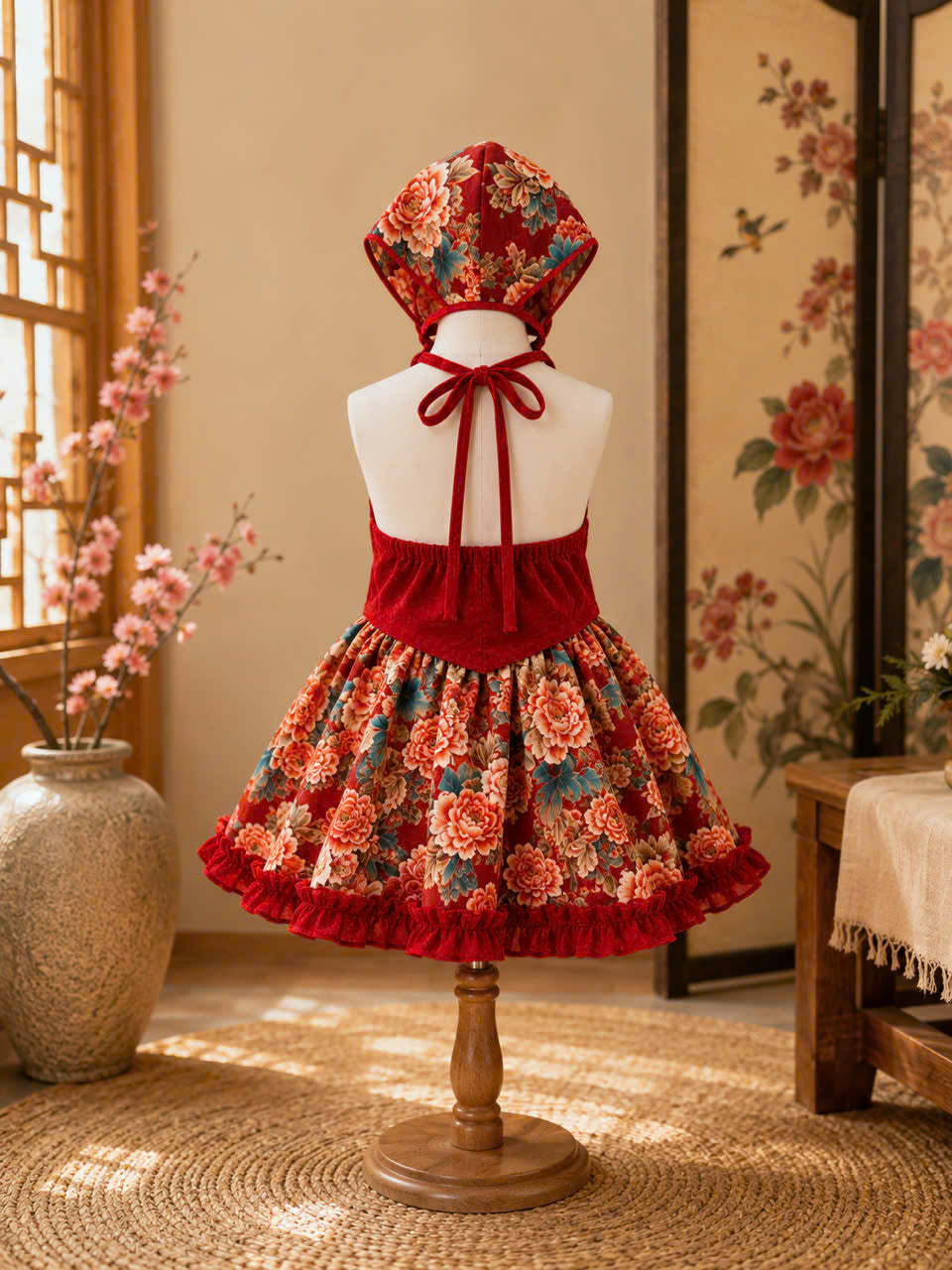 Halter Style Skirt Set – Blossom Heritage 3Months–3 Years | Traditional Silk Yếm Dress Set with Matching Head Scarf | Lunar New Year & Tết Outfit