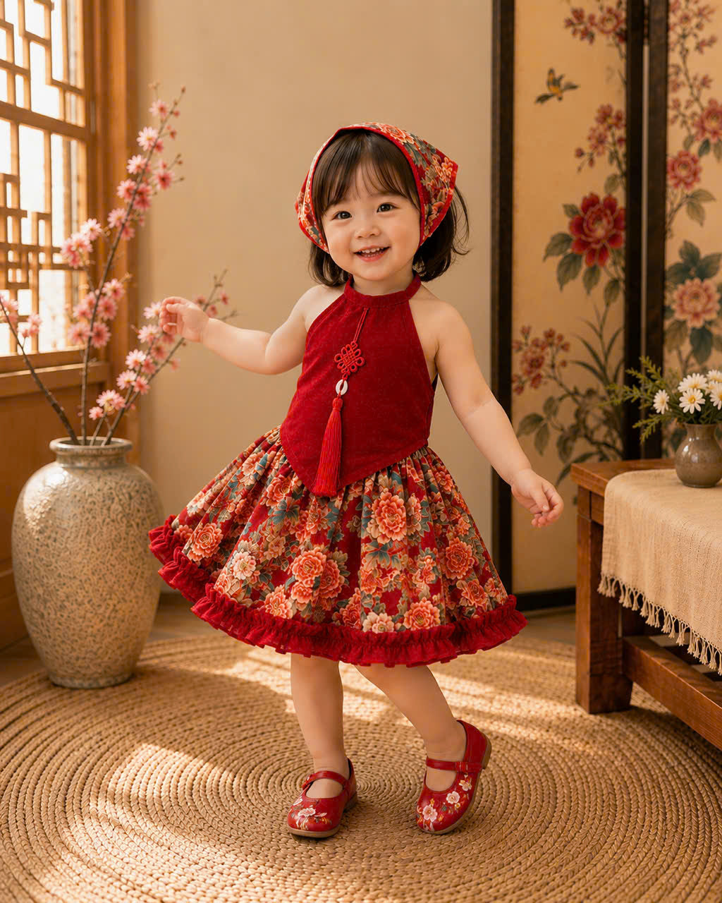 Halter Style Skirt Set – Blossom Heritage 3Months–3 Years | Traditional Silk Yếm Dress Set with Matching Head Scarf | Lunar New Year & Tết Outfit