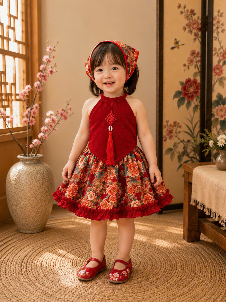 Halter Style Skirt Set – Blossom Heritage 3Months–3 Years | Traditional Silk Yếm Dress Set with Matching Head Scarf | Lunar New Year & Tết Outfit