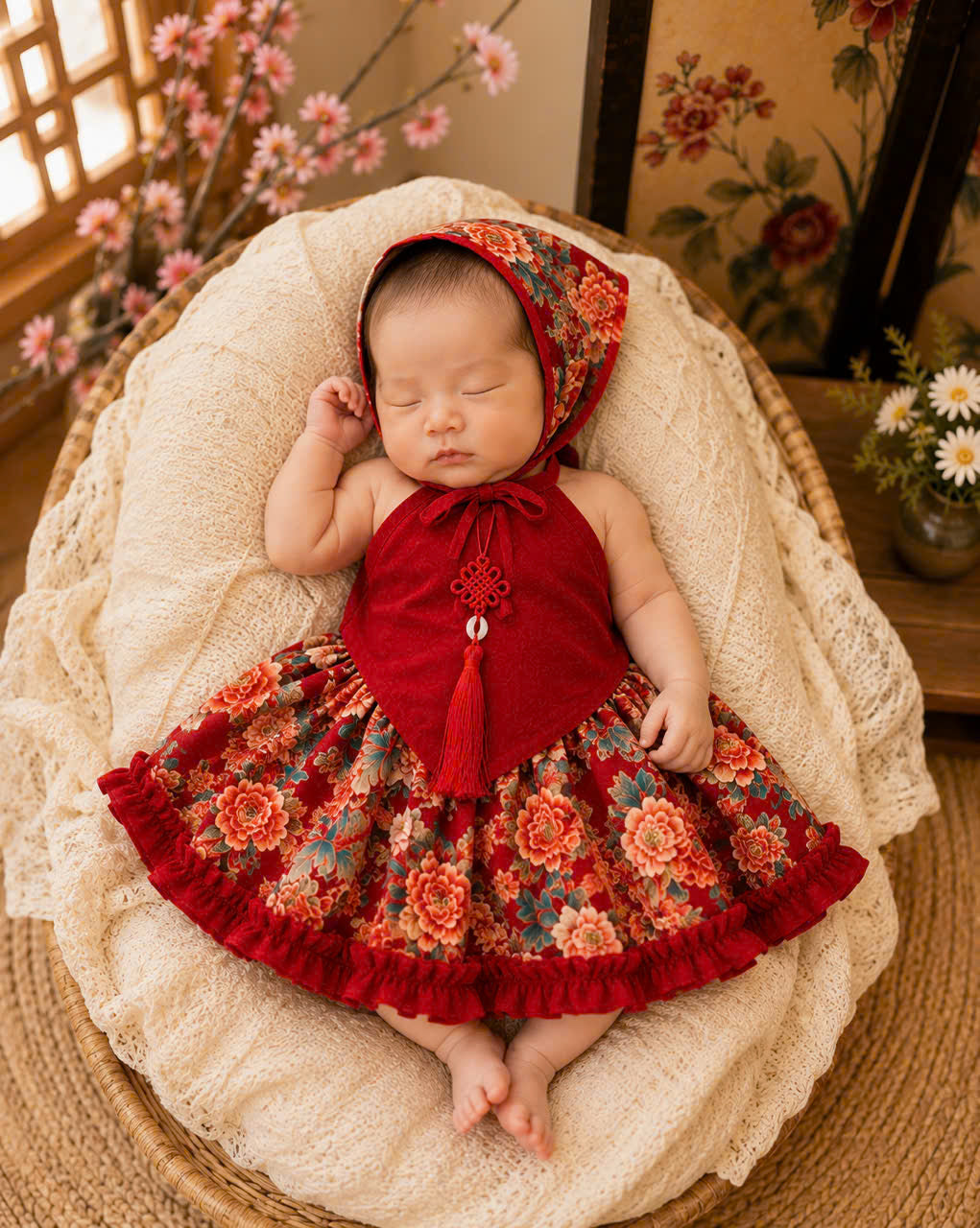 Halter Style Skirt Set – Blossom Heritage 3Months–3 Years | Traditional Silk Yếm Dress Set with Matching Head Scarf | Lunar New Year & Tết Outfit