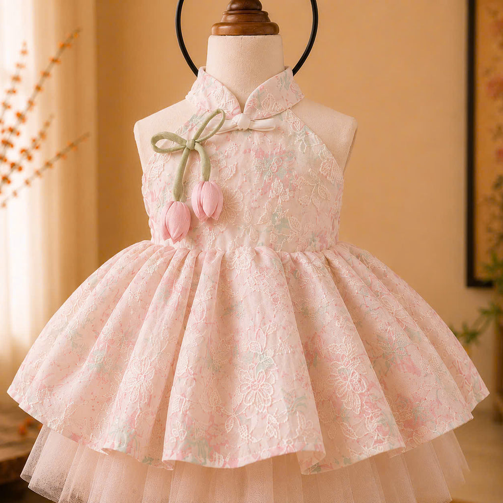 Halter Neck Dress – Tulip Blossom Newborn–4 Years | Floral Girls Dress with Matching Bow Headband | Birthday, Lunar New Year & Mid-Autumn Outfit