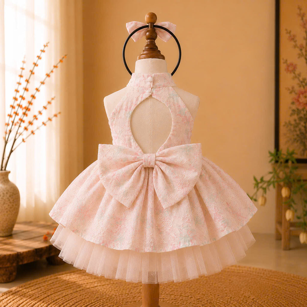 Halter Neck Dress – Tulip Blossom Newborn–4 Years | Floral Girls Dress with Matching Bow Headband | Birthday, Lunar New Year & Mid-Autumn Outfit