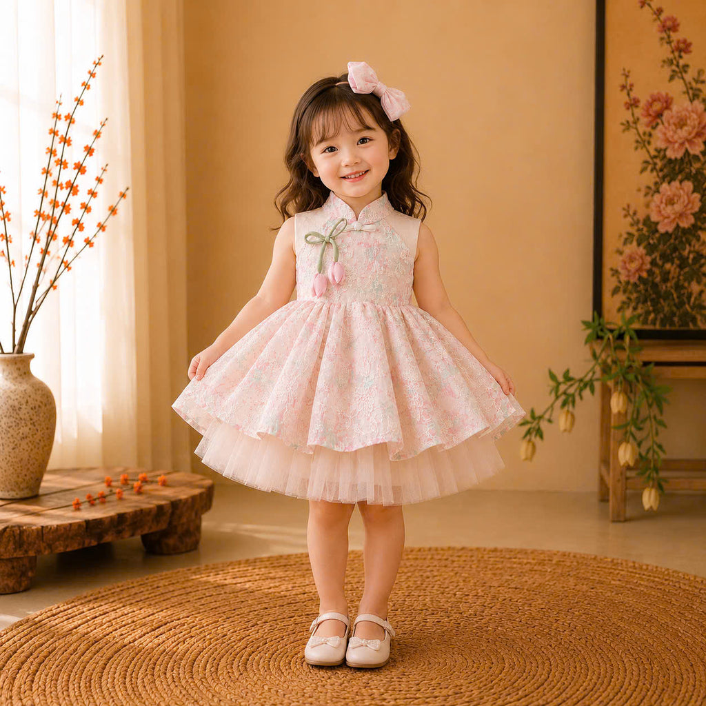 Halter Neck Dress – Tulip Blossom Newborn–4 Years | Floral Girls Dress with Matching Bow Headband | Birthday, Lunar New Year & Mid-Autumn Outfit