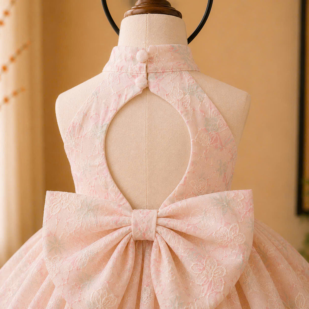 Halter Neck Dress – Tulip Blossom Newborn–4 Years | Floral Girls Dress with Matching Bow Headband | Birthday, Lunar New Year & Mid-Autumn Outfit