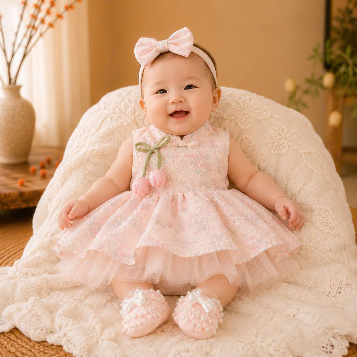 Halter Neck Dress – Tulip Blossom Newborn–4 Years | Floral Girls Dress with Matching Bow Headband | Birthday, Lunar New Year & Mid-Autumn Outfit