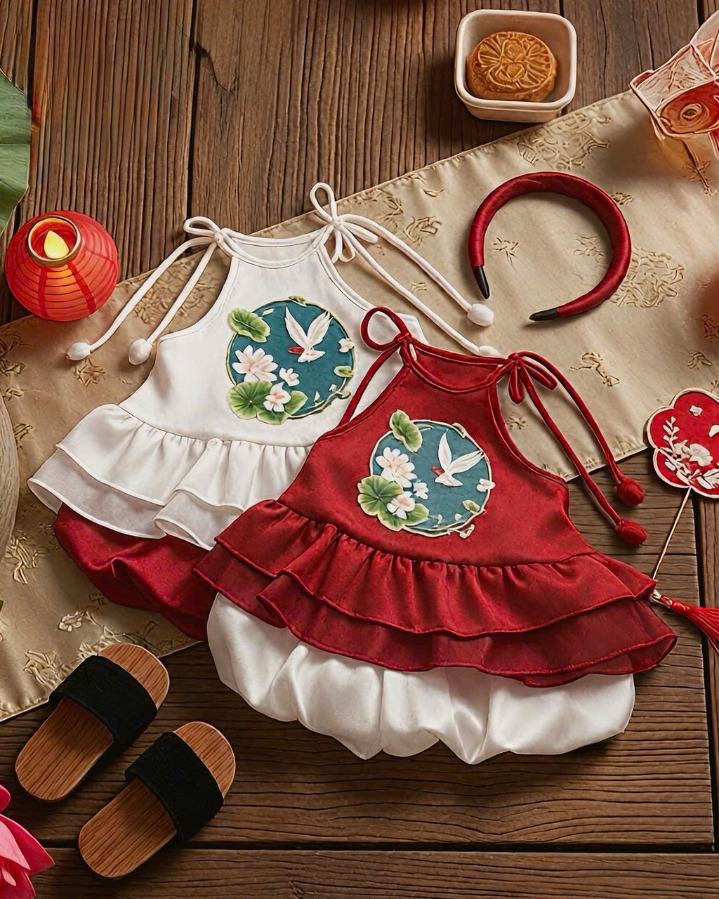 Halter Top & Pants Set – Lotus Harmony Newborn–3 Years | Traditional Yếm Set with Matching Headband | Lunar New Year & Tết Outfit