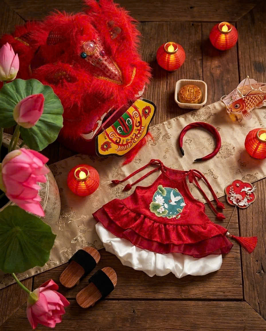 Halter Top & Pants Set – Lotus Harmony Newborn–3 Years | Traditional Yếm Set with Matching Headband | Lunar New Year & Tết Outfit
