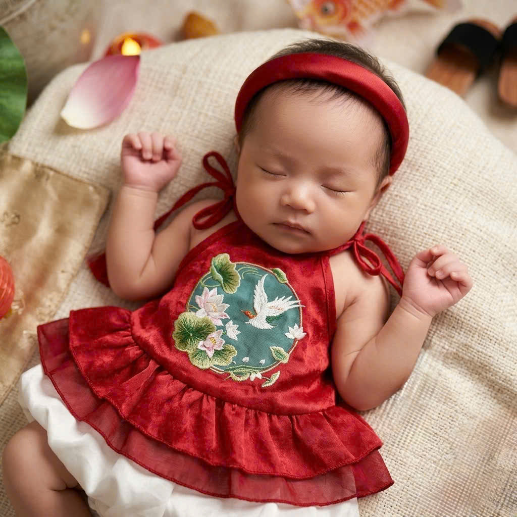 Halter Top & Pants Set – Lotus Harmony Newborn–3 Years | Traditional Yếm Set with Matching Headband | Lunar New Year & Tết Outfit