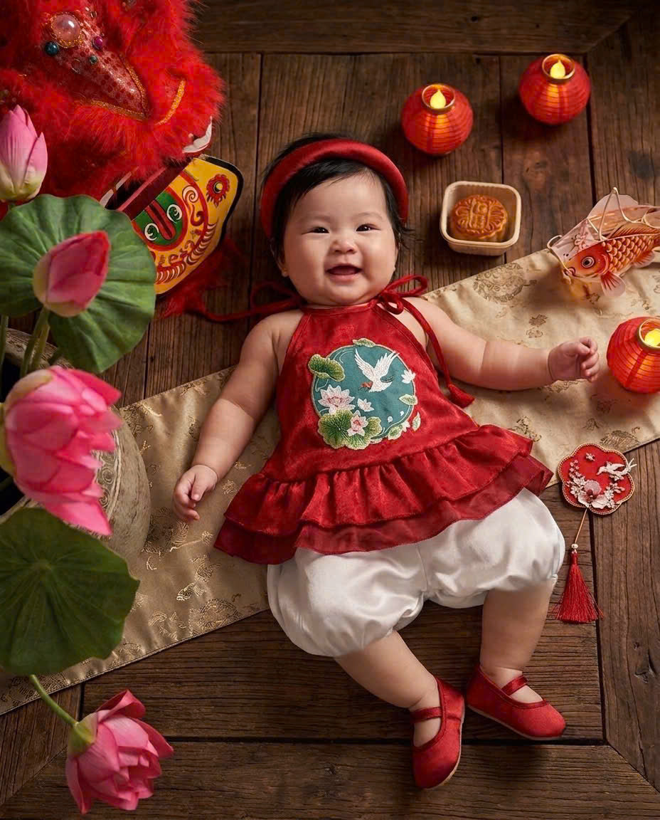 Halter Top & Pants Set – Lotus Harmony Newborn–3 Years | Traditional Yếm Set with Matching Headband | Lunar New Year & Tết Outfit