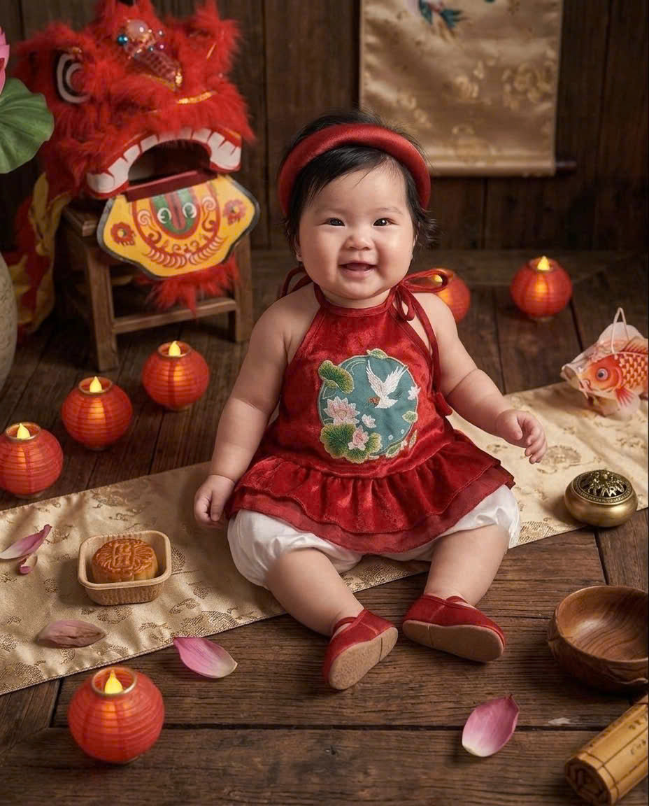 Halter Top & Pants Set – Lotus Harmony Newborn–3 Years | Traditional Yếm Set with Matching Headband | Lunar New Year & Tết Outfit
