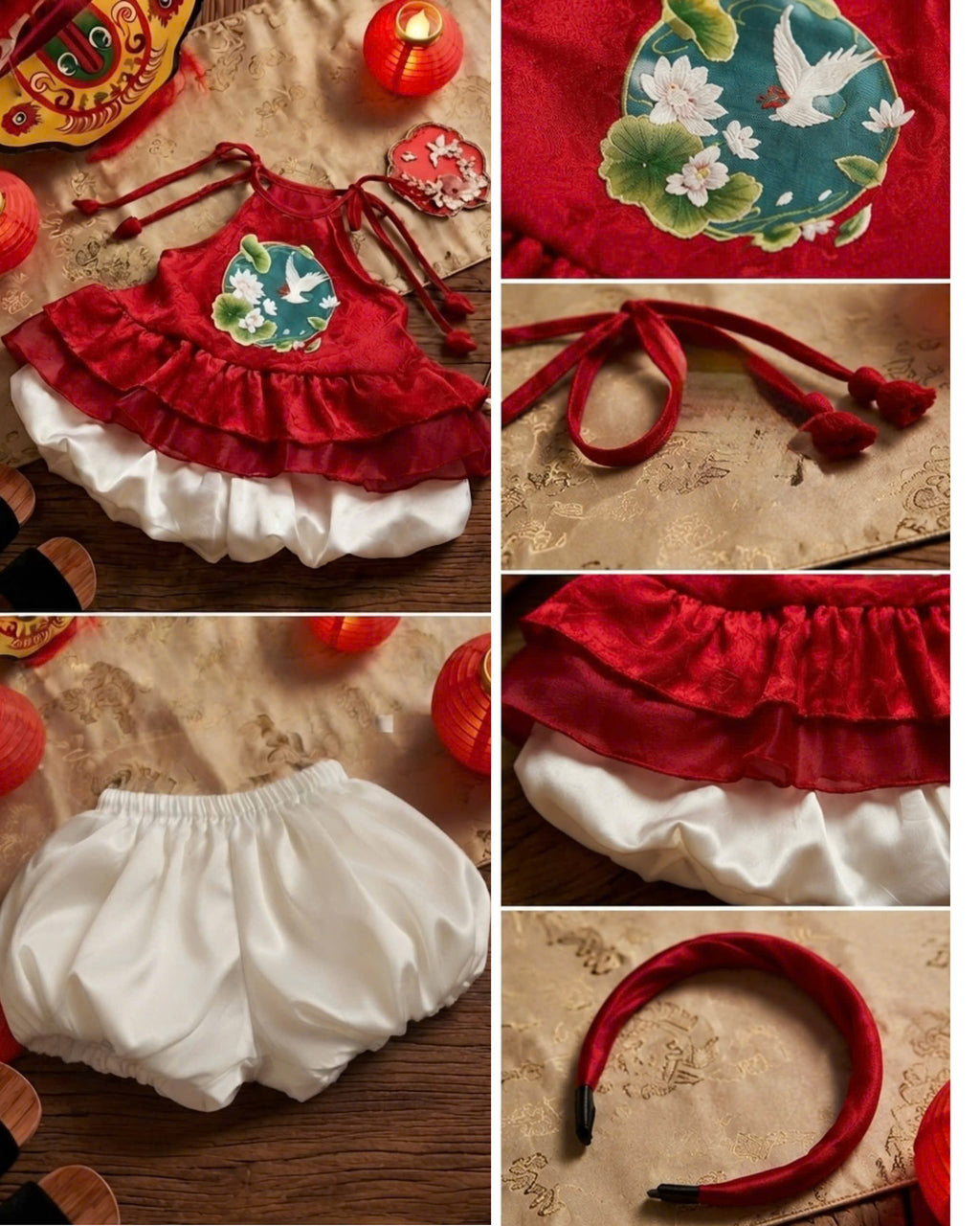 Halter Top & Pants Set – Lotus Harmony Newborn–3 Years | Traditional Yếm Set with Matching Headband | Lunar New Year & Tết Outfit