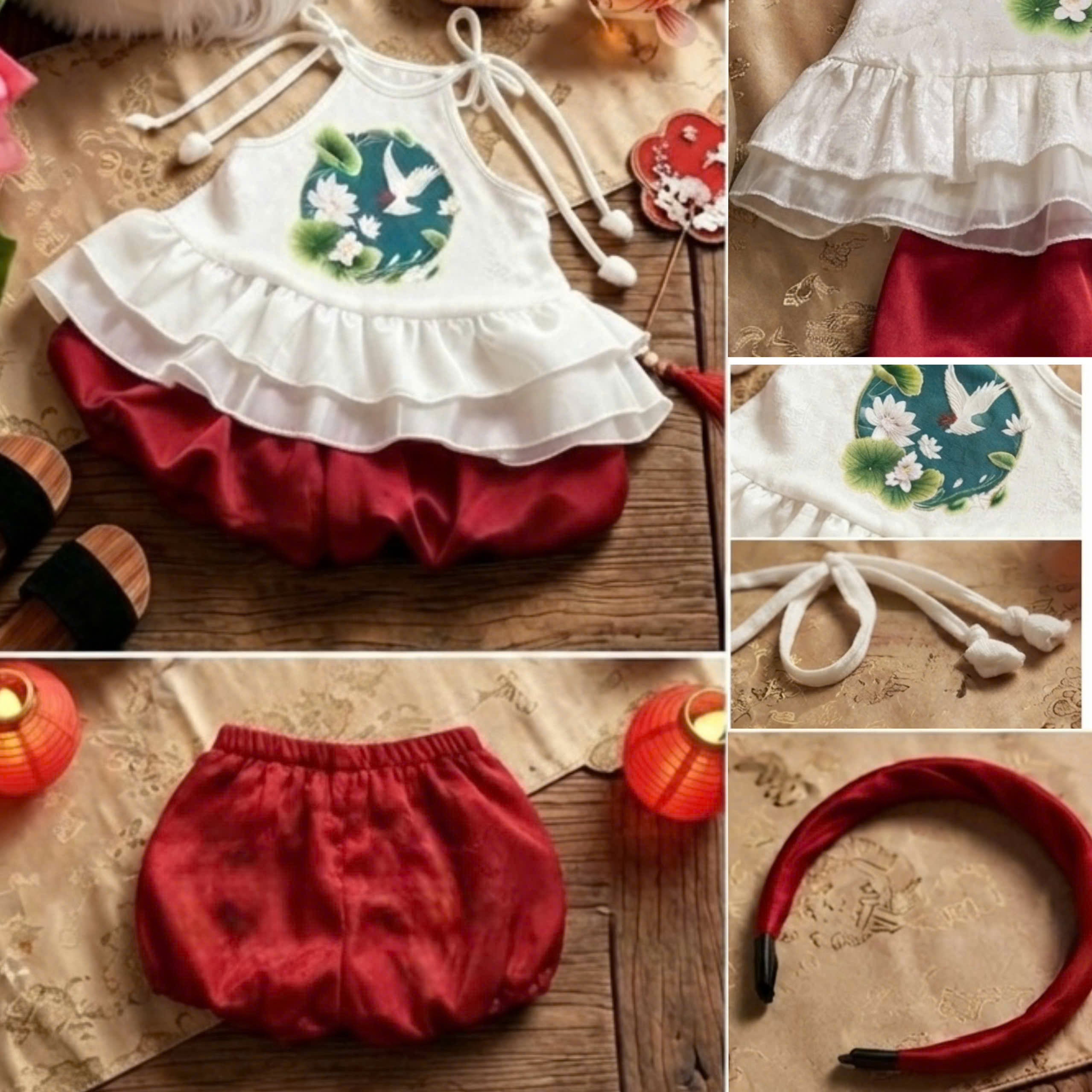 Halter Top & Pants Set – Lotus Harmony Newborn–3 Years | Traditional Yếm Set with Matching Headband | Lunar New Year & Tết Outfit