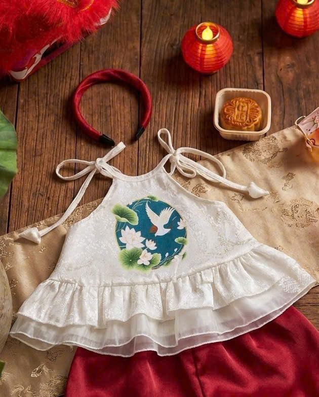 Halter Top & Pants Set – Lotus Harmony Newborn–3 Years | Traditional Yếm Set with Matching Headband | Lunar New Year & Tết Outfit