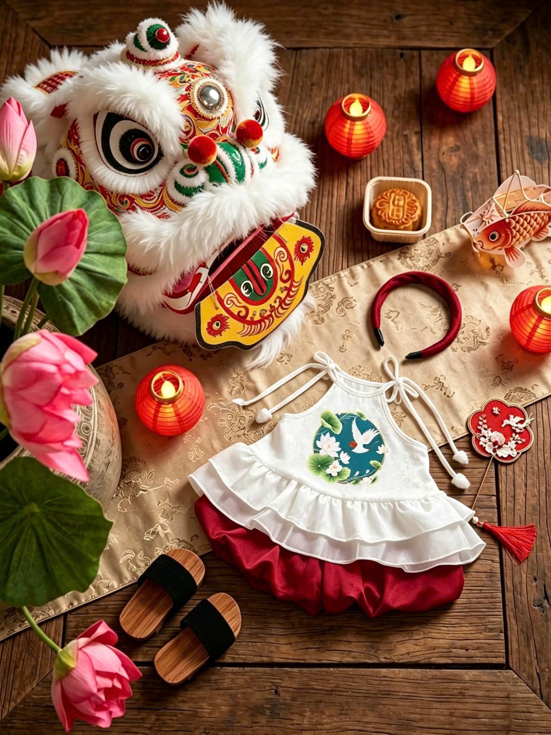 Halter Top & Pants Set – Lotus Harmony Newborn–3 Years | Traditional Yếm Set with Matching Headband | Lunar New Year & Tết Outfit